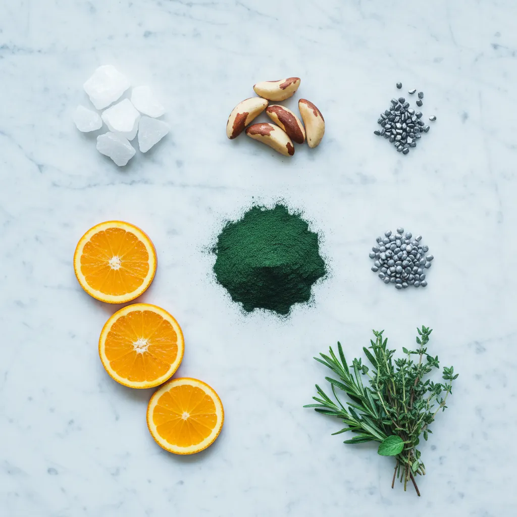 Naturliga ingredienser: magnesium, selen, vitamin C, örter på marmorbord